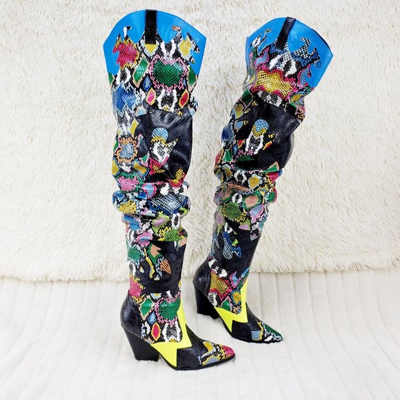 Kelsey / Hilda Western Thigh high slouch cowboy boots Multi Color Snake - Picture 2 of 12